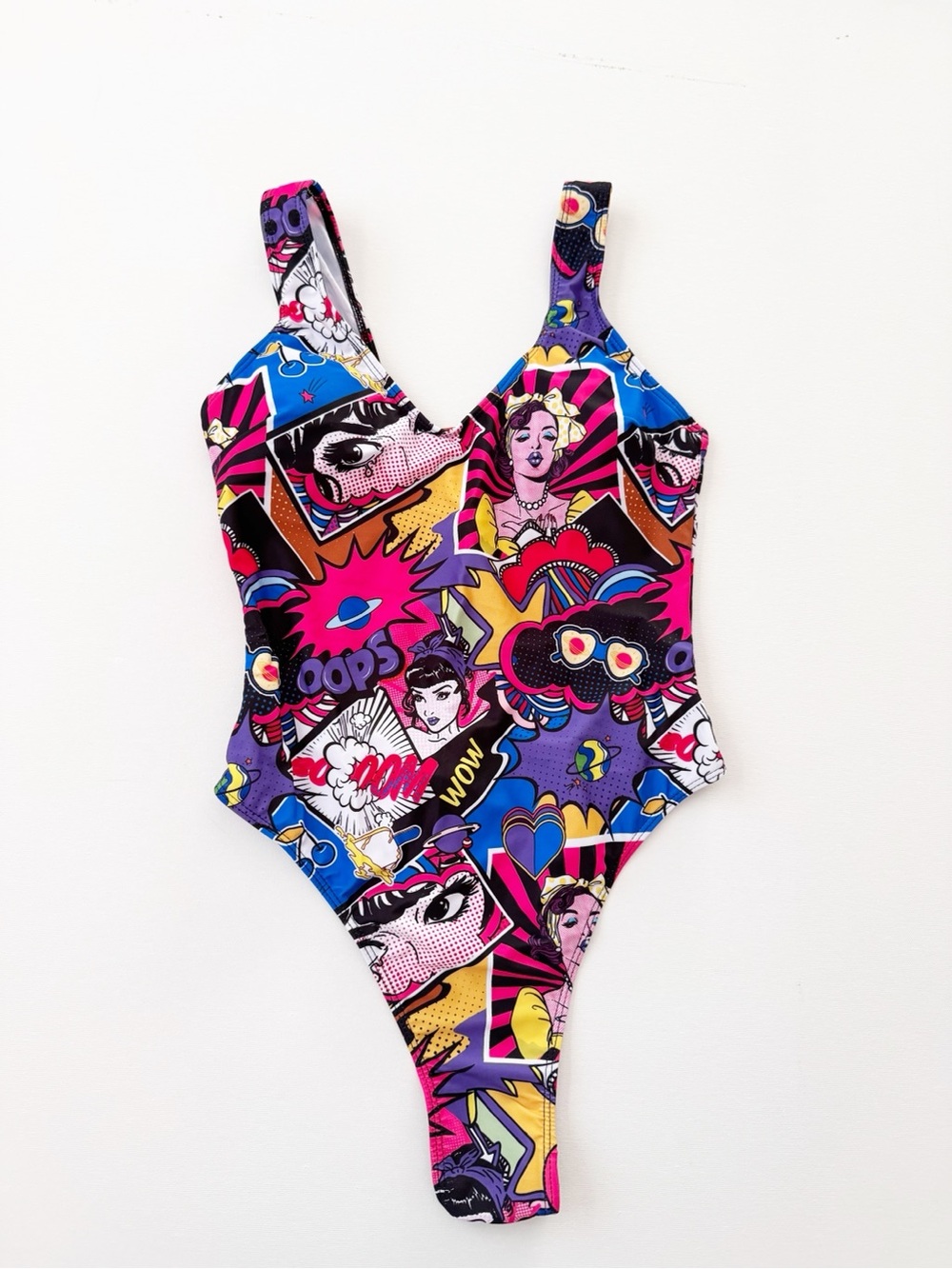 NEW Pop Art One Piece Swimsuit High Cut Thong Multicolor Women's Medium